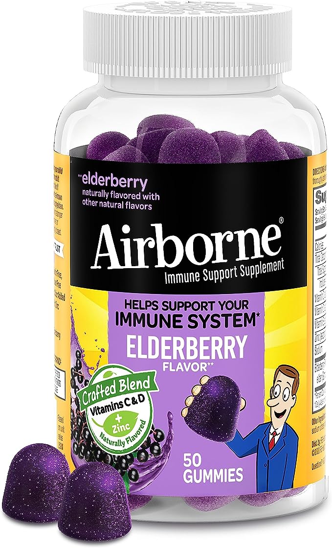 Airborne Elderberry + Zinc & Vitamin C Gummies For Adults, Immune Support Vitamin D & Zinc Gummies With Powerful Antioxidant Vitamins C D & E - 50 Gummies, Elderberry Flavor