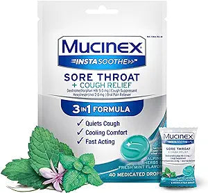 Mucinex Instasoothe Sore Throat Relief + Cough Relief, Sore Throat Lozenges, Cough Drops with Dextromethorphan HBr & Hexylresorcinol, Alpine Herbs & Fresh Mint Flavor Medicated Throat Drops, 40ct