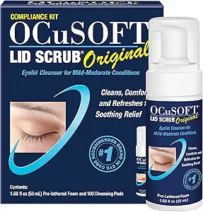 OCuSOFT Lid Scrub Original Compliance Kit - Instant Foaming Eyelid Scrub & Lint-Free Wipes - Daily Eyelid Kit to Remove Oil, Dust, Pollen & Eye Makeup - 1.68 fl oz & 100 Dry Pads