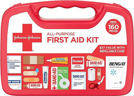 Johnson & Johnson All-Purpose Portable Compact First Aid Kit for Minor Cuts, Scrapes, Sprains & Burns, Ideal for Home, Car, Travel, Camping and Outdoor Emergencies, 160 pieces
