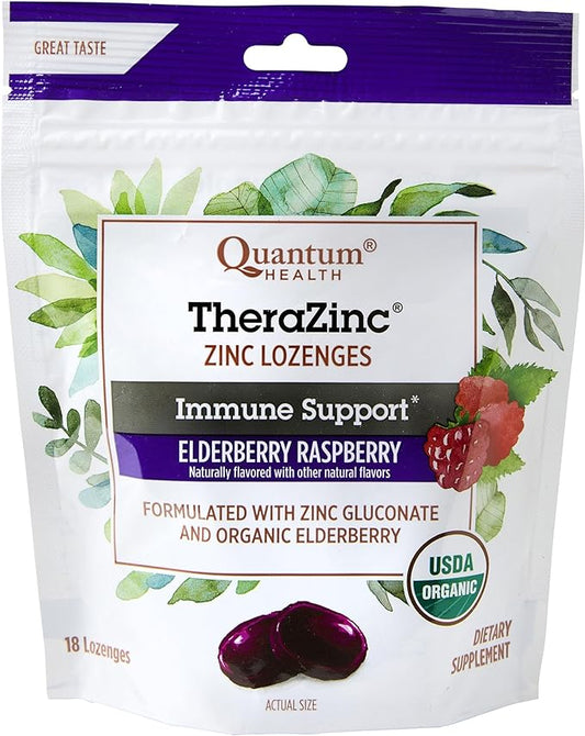 Quantum Health TheraZinc Organic Zinc Lozenges Elderberry Sambucus Raspberry & Honey Immune Support for Adults & Kids 12+ Naturally Flavored Fast Relief with No Aftertaste -18 Count (  age may vary)