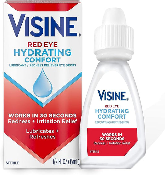 Visine Red Eye Hydrating Comfort Redness Relief and Lubricant Eye Drops to Help Moisturize and Relieve Red Eyes Due to Minor Eye Irritations Fast, Tetrahydrozoline HCl, 0.5 fl. oz