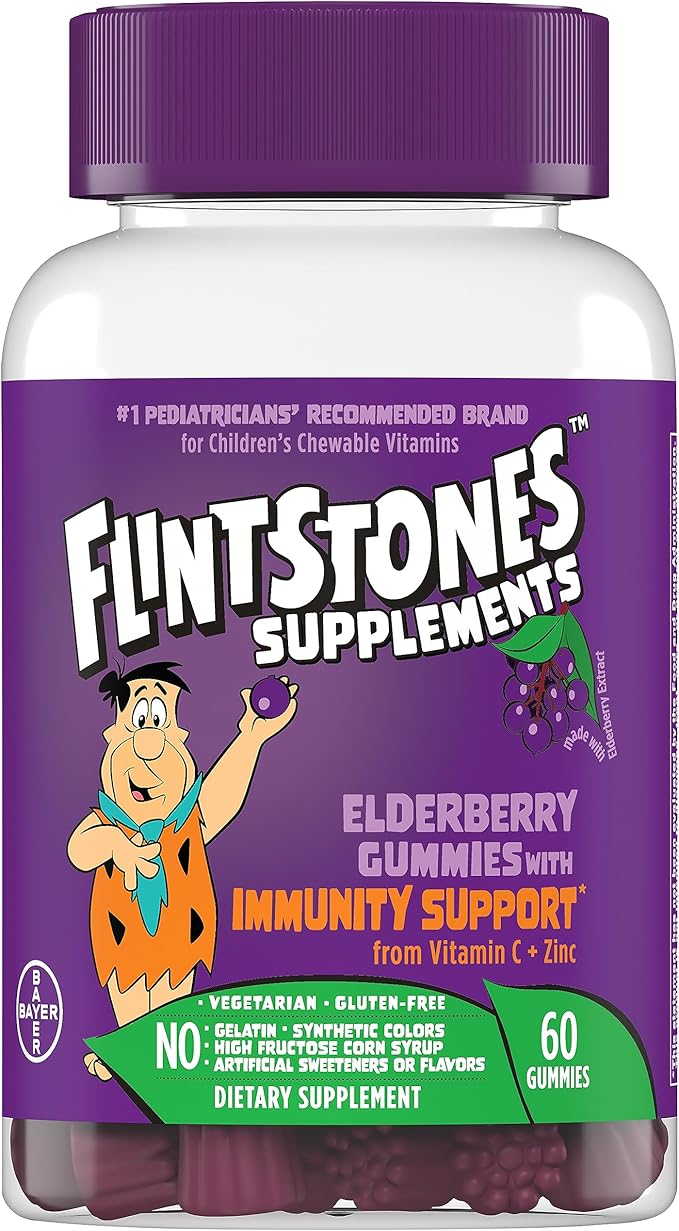 Flintstones Vitamins Elderberry Gummies for Kids with Immunity Support from Vitamin C & Zinc, Immune Support Gummies, Multivitamin for Kids, Gluten Free, 60 Count