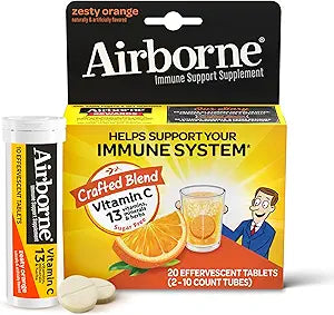 Airborne 1000mg Vitamin C With Zinc Effervescent Tablets, Immune Support Supplement With Powerful Antioxidants Vitamins A C & E - 20 Fizzy Drink Tablets, Zesty Orange Flavor