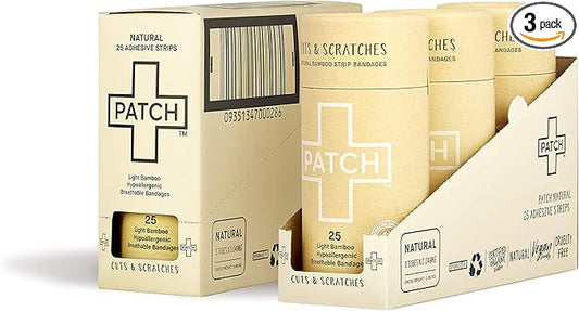 PATCH Natural Eco-Friendly Bamboo Adhesive Sensitive Skin Bandages, Hypoallergenic Bandages for Sensitive Skin, Compostable, Biodegradable, Latex Free and Plastic Free, 25 count - 3pk