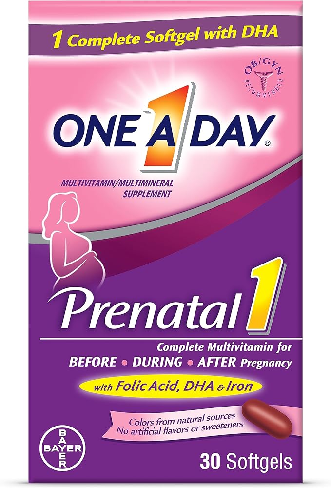 ONE A DAY Women's Prenatal 1 Multivitamin including Vitamins A, C, D, B6, B12, Iron, Omega-3 DHA & more - Supplement for Before, During, & Post Pregnancy, 30 Ct