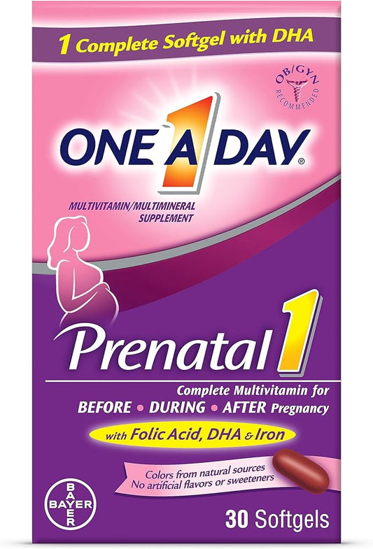 ONE A DAY Women's Prenatal 1 Multivitamin including Vitamins A, C, D, B6, B12, Iron, Omega-3 DHA & more - Supplement for Before, During, & Post Pregnancy, 30 Ct