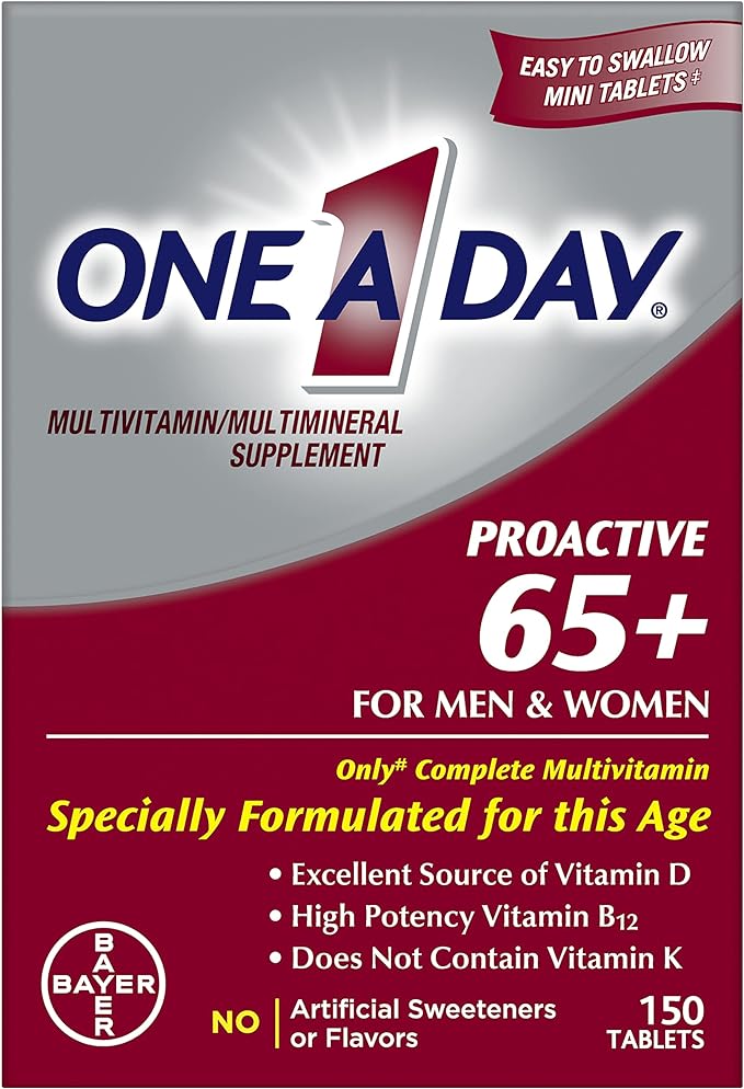 One A Day Proactive 65+, Mens & Womens Multivitamin, Supplement with Vitamin A, Vitamin C, Vitamin D, and Zinc for Immune Health Support*, Calcium, Folic Acid & more, Tablet 150 Count