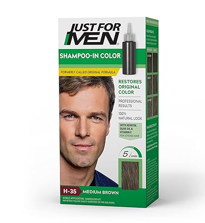 Just For Men Shampoo-In Color (Formerly Original Formula), Mens Hair Color with Keratin and Vitamin E for Stronger Hair - Medium Brown, H-35,