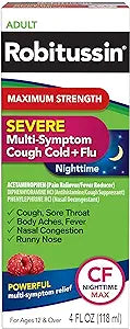 Robitussin Maximum Strength Severe Nighttime Multi-Symptom Cough, Cold and Flu Medicine, Nighttime CF Max, Raspberry Flavor - 4 Fl Oz Bottle