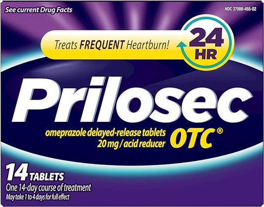 Prilosec OTC, Omeprazole Delayed Release 20mg, Acid Reducer, Treats Frequent Heartburn for 24 Hour Relief, All Day, All Night*, 20mg, 14 Tablets