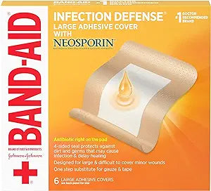 Band-Aid Brand Infection Defense Adhesive Wound Covers with Neosporin Antibiotic Ointment On The Pad for First Aid Wound Care, Bacitracin Zinc & Polymyxin B Sulfate, Sterile, Large, 6 ct
