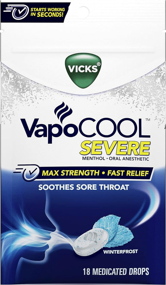 Vicks, VapoCOOL SEVERE Medicated Drops 18ct MaximumStrength Relief to Soothe Sore Throat Pain, Menthole, 18 Count