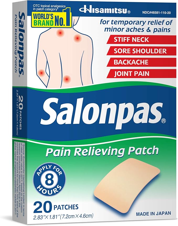 Salonpas Pain Relieving Patch, 20 Count, for Back, Neck, Shoulder, Knee Pain and Muscle Soreness, 8 Hour Pain Relief