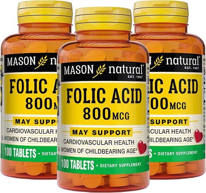 MASON NATURAL Folic Acid 800 mcg - Helps Nervous System Function, Daily Supplement for Health, Mood and Prenatal Care, for Women of Childbearing Age, 100 Tablets