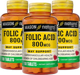 MASON NATURAL Folic Acid 800 mcg - Helps Nervous System Function, Daily Supplement for Health, Mood and Prenatal Care, for Women of Childbearing Age, 100 Tablets