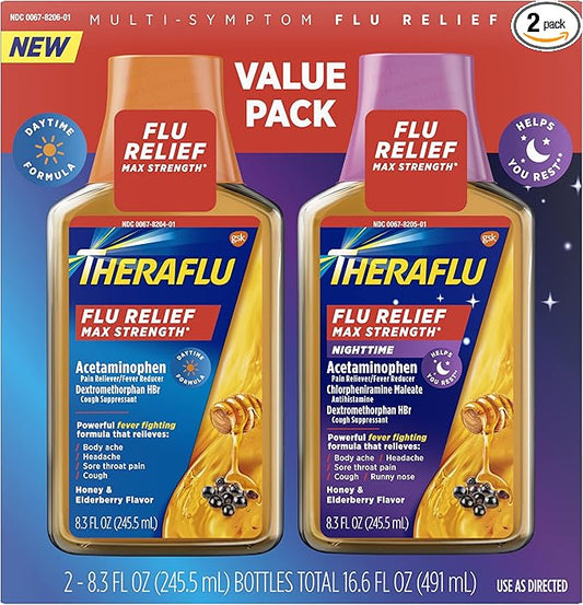 Theraflu Max Strength Daytime Flu Symptom Relief - 8.3 fl oz plus Theraflu Max Strength Nighttime Flu Medicine for Flu Symptom Relief - 8.3 fl oz