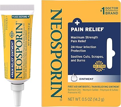 Neosporin + Maximum-Strength Pain Relief Dual Action Antibiotic Ointment with Bacitracin Zinc 0.5 Oz
