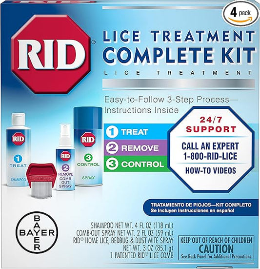 RID Lice Treatment Complete Kit Includes Fluid Ounces Lice Killing Shampoo 2 Fluid Ounces Lice and Egg CombOut Spray Lice Comb and 3 Ounces Home Lice Bedbug Dust Mite Home Spray, 4 Piece Set, 1 Count