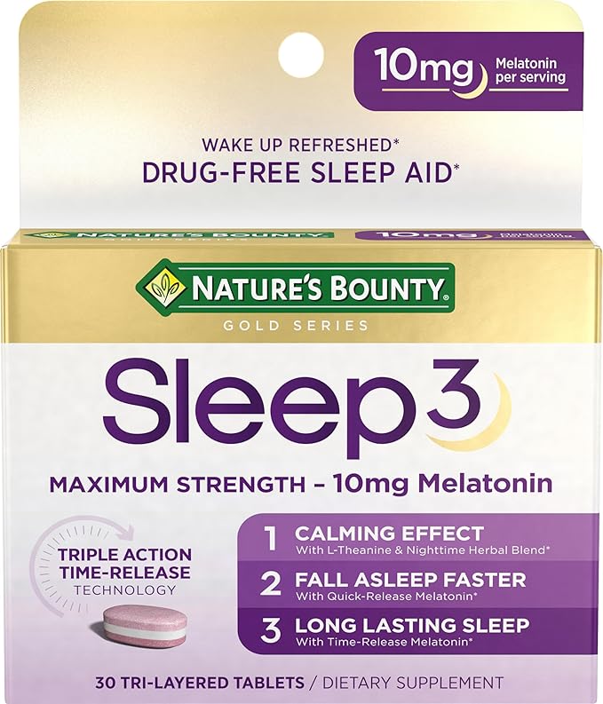 Nature's Bounty Melatonin, Sleep3 Maximum Strength 100% Drug Free Sleep Aid, Dietary Supplement, L-Theanine & Nighttime Herbal Blend Time Release Technology, 10mg, 30 Tri-Layered Tablets