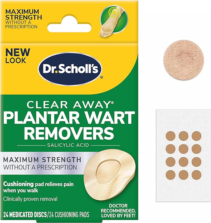 Dr Scholl's CLEAR AWAY PLANTAR WART REMOVER // 24 Discs/24 Cushions, Clinically Proven, Maximum Strength without a Prescription, Cushioning Pad Relieves Pain, 24 Treatments