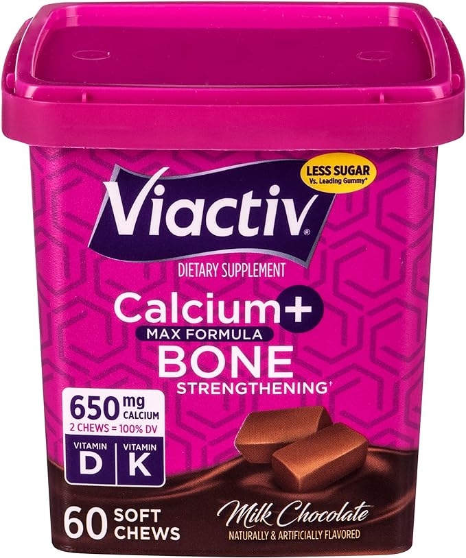 Viactiv Calcium Supplement + Vitamin D3 Soft Chews, Milk Chocolate, 60 Chewables - Calcium Dietary Supplement for Bone Health