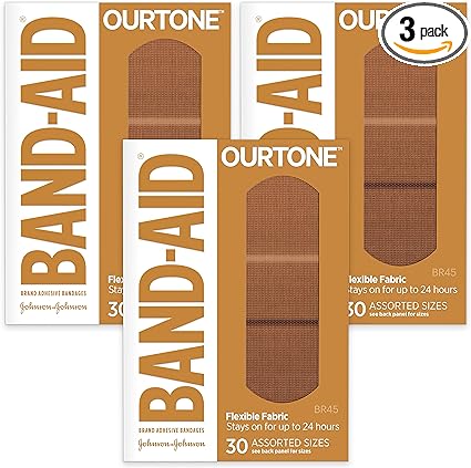 Band-Aid Brand Ourtone Adhesive Bandages, Flexible Protection & Care of Minor Cuts & Scrapes, Quilt-Aid Pad for Painful Wounds, BR45, Assorted Sizes, 30 ct
