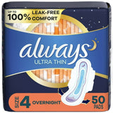 Always Ultra Thin Overnight Absorbency Unscented Pads with Wings - Size 4 - 50ct (Please be advised that sets may be missing pieces or otherwise incomplete.)