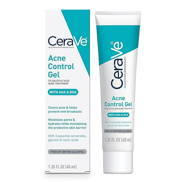 CeraVe Salicylic Acid Acne Treatment with Glycolic Acid and Lactic Acid | AHA/BHA Acne Gel for Face to Control and Clear Breakouts |1.35 Ounce