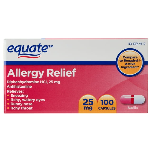 Equate Diphenhydramine HCl Capsules for Allergy Relief, 25mg, 100 Count