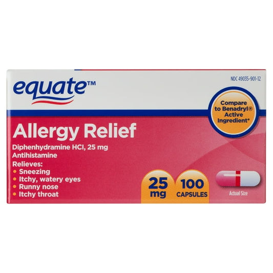 Equate Diphenhydramine HCl Capsules for Allergy Relief, 25mg, 100 Count