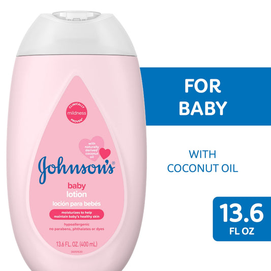 Johnson's Moisturizing Pink Baby Body Lotion for Baby and Toddler with Coconut Oil, 13.6 fl oz