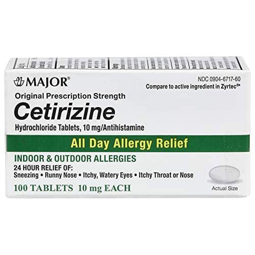 MAJOR 24hr All Day Allergy CETIRIZINE HCL Tablets 10 MG 100 Tablets White | Cetirizine Hydrochloride 10mg