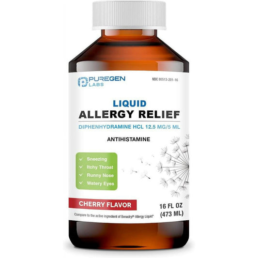 Puregen Labs Allergy Relief Oral Solution - Diphenhydramine HCl 12.5mg/5 mL Antihistamine - Cherry Flavor - 16 Ounces