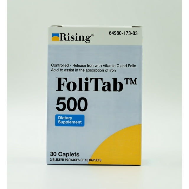 Rising Pharma - FoliTab 500 - Elemental Iron with Vitamin C and Folic Acid - 30 Caplets - Helps with Iron Deficiency