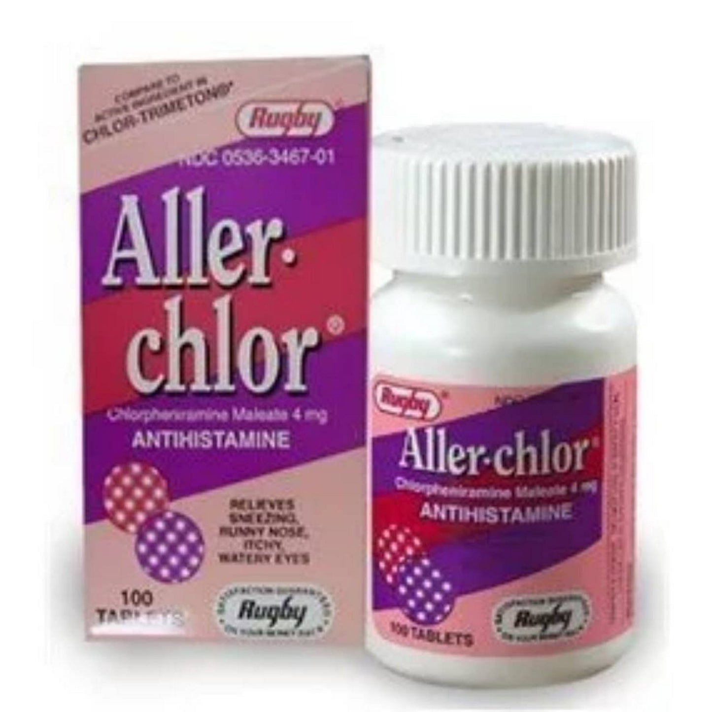 Rugby Aller-Chlor Chlorpheniramine Maleate 4mg Tablet, OTC Medicine for Allergies, 100 Ct