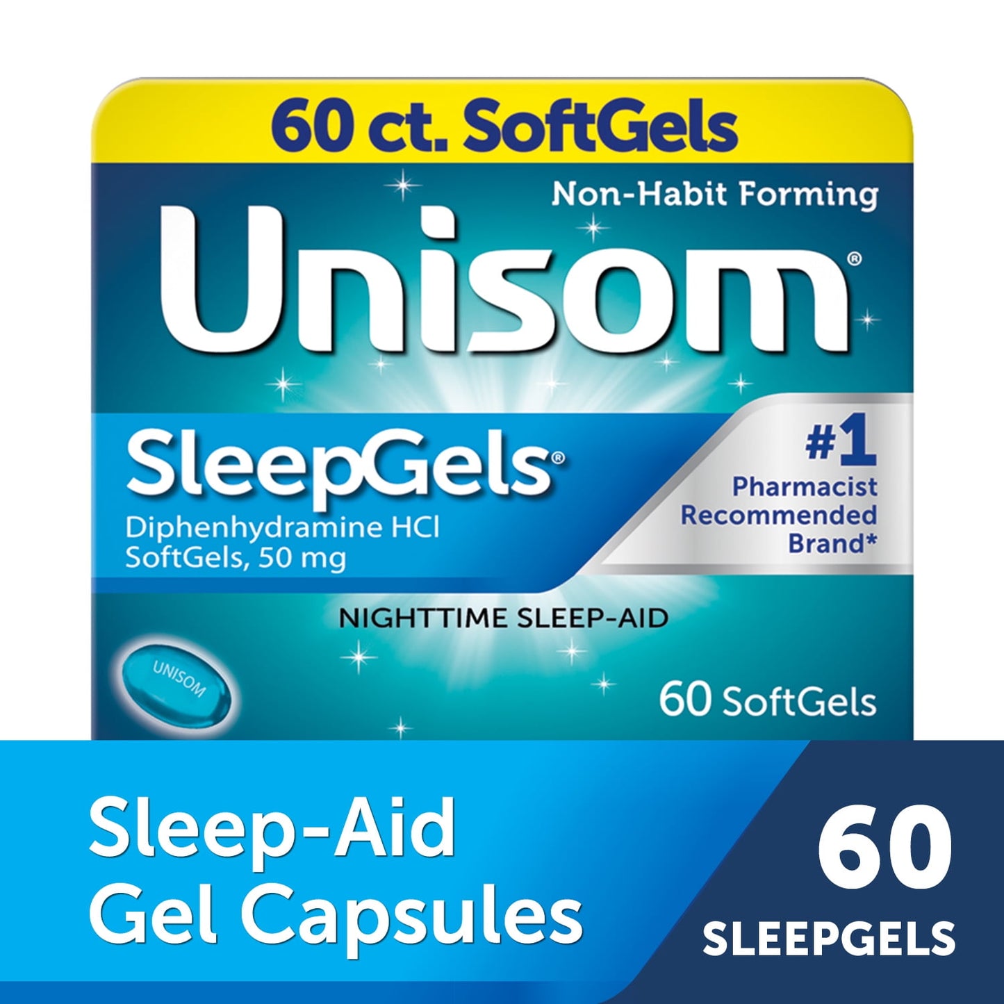 Unisom SleepGels Diphenhydramine HCL Softgel Sleeping Pills, Nighttime Sleep Aid, 50 mg, 60 Count