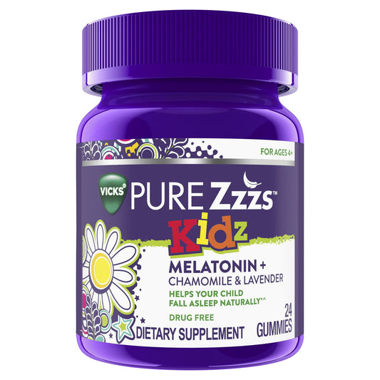 Vicks ZzzQuil Pure Zzzs Kidz Melatonin Sleep Aid Gummies for Kids, Dietary Supplement, Ages 4+, 24 Ct