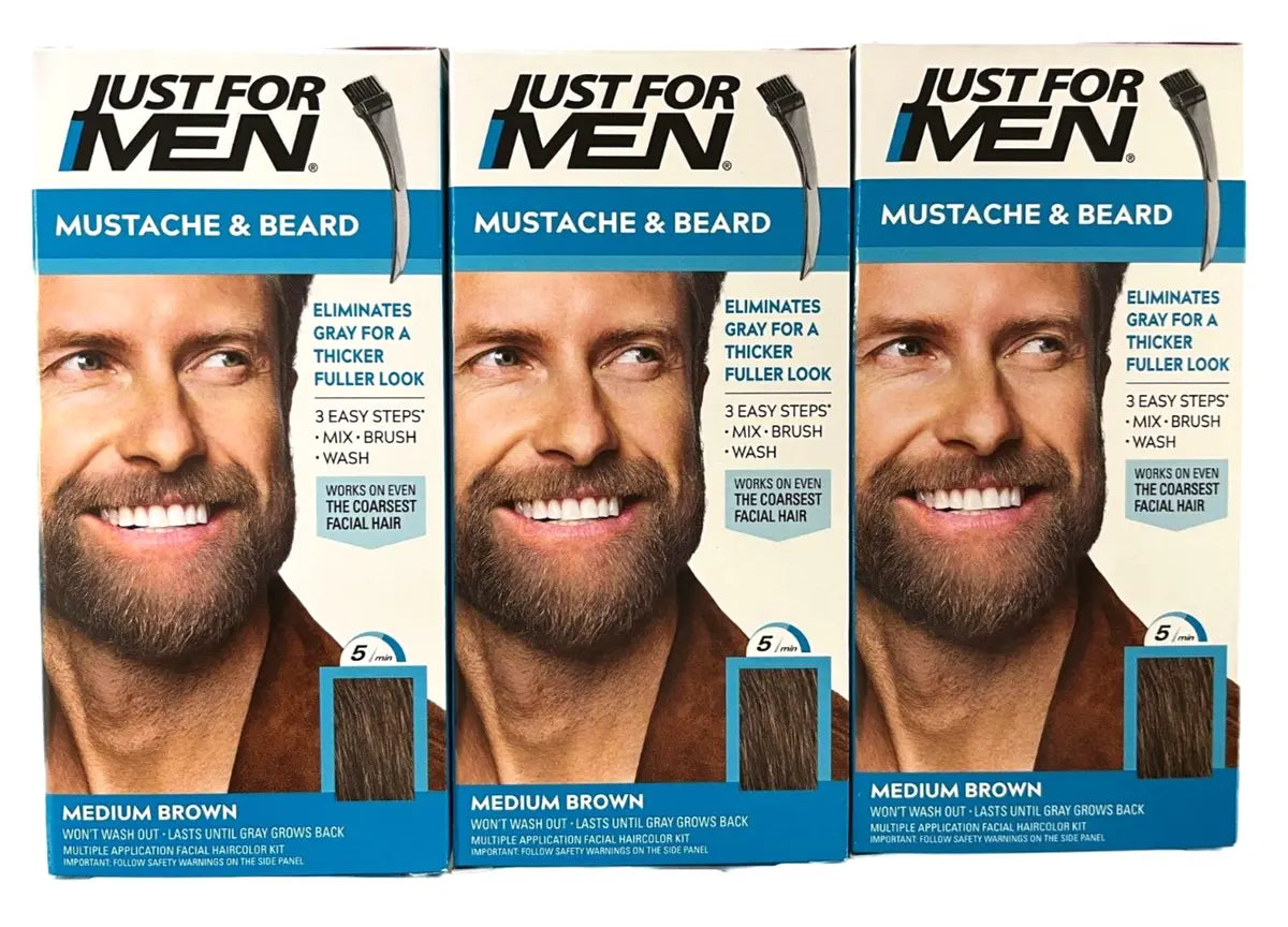 Just For Men M-35 MEDIUM BROWN Mustache & Beard Brush In 3 Pack Blue