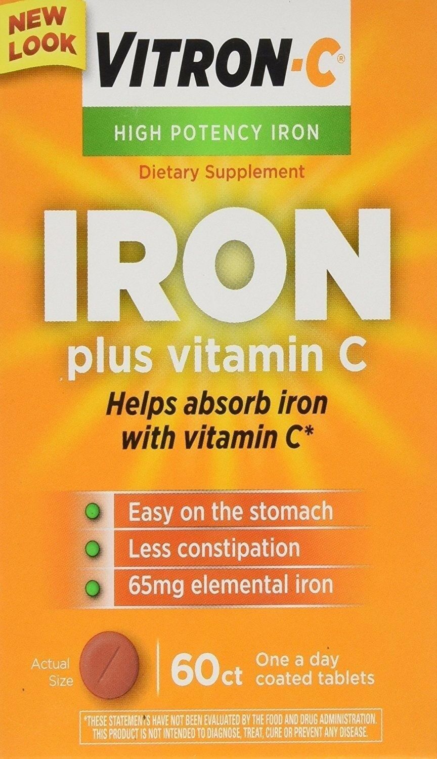 Vitron-C High Potency Iron Plus Vitamin C Coated Tablets Supplement 65mg 60 ct