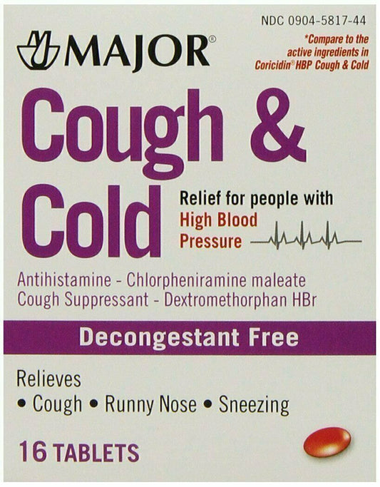 Major Cough & Cold Relief Tablets Suppressant Decongestant Free 16ct