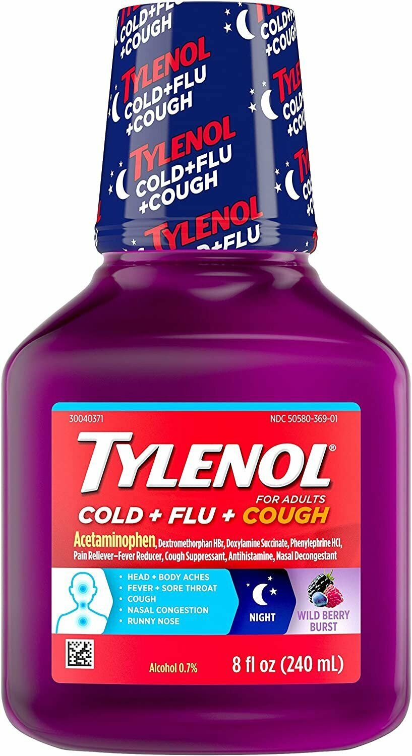 Tylenol Cold Plus Flu & Cough Night Liquid Medicine Wild Berry Burst 8 oz 6   