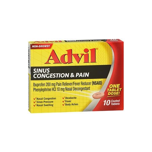 Advil Sinus Congestion & Pain Nasal Decongestant Coated Tablets 200 mg 10 Count