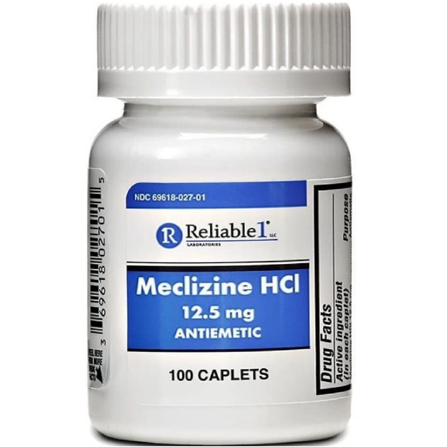 Reliable-1 Meclizine HCL Antiemetic Caplets For Motion Sickness 12.5 mg 100 Ct