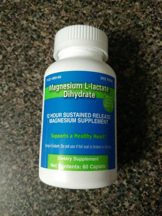 Magnesium L-lactate Dihydrate Dietary Supplement Caplets Dye Free Formula 60 Ct