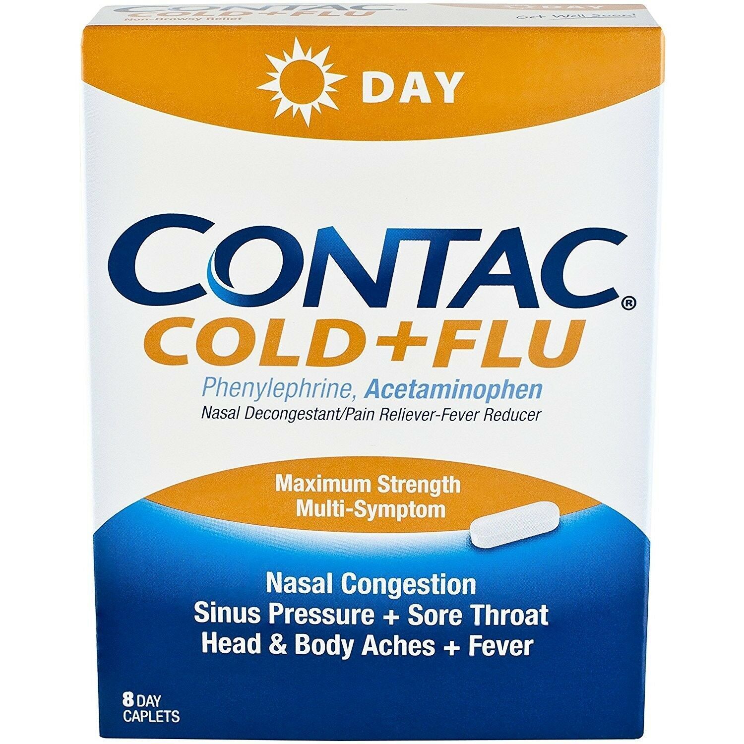 Contac Cold + Flu Acetaminophen Pain Reliever Fever Reducer Day Caplets 24 Count