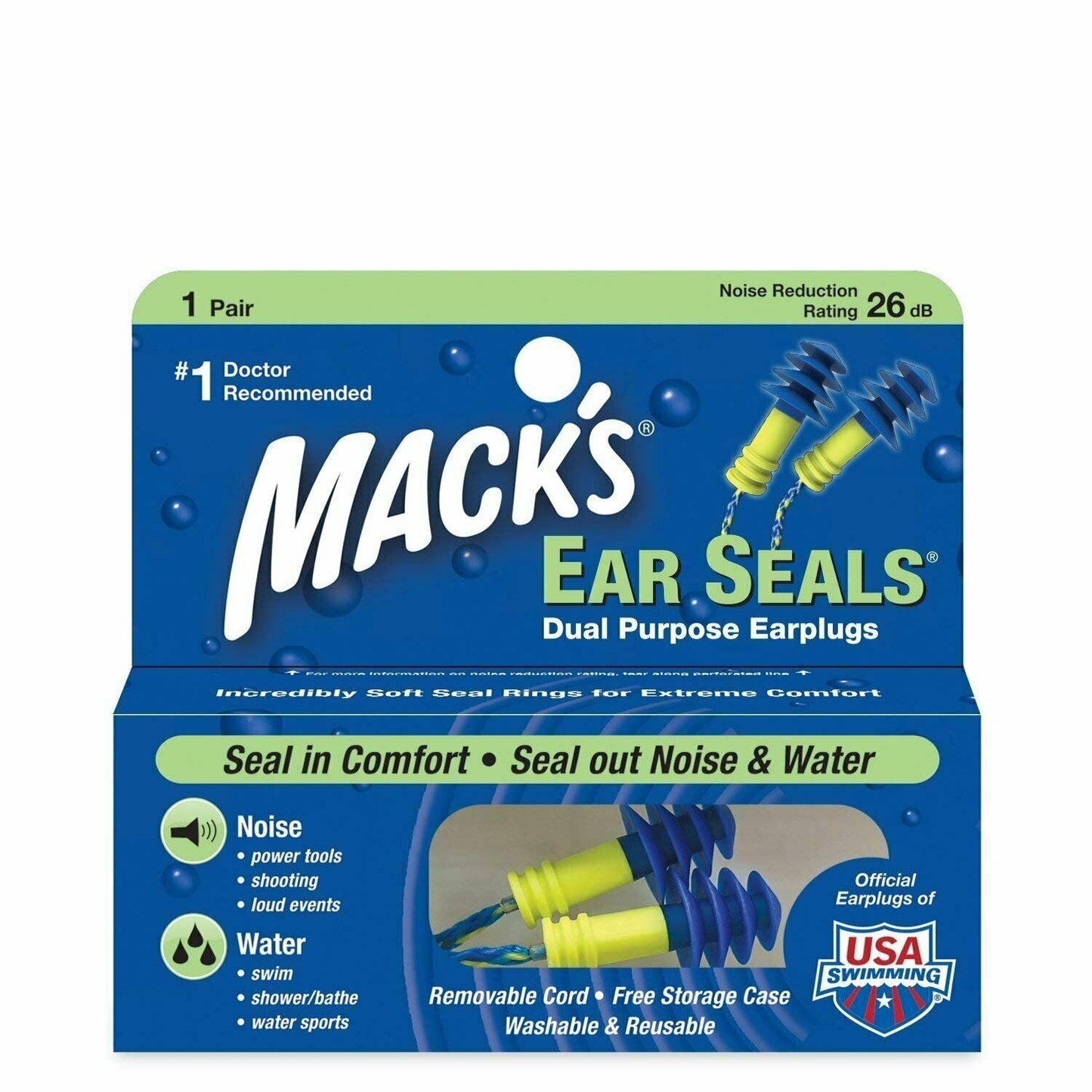 Mack's Ear Seals Dual Purpose Earplugs For Noise & Water Washable 26 DB One Pair