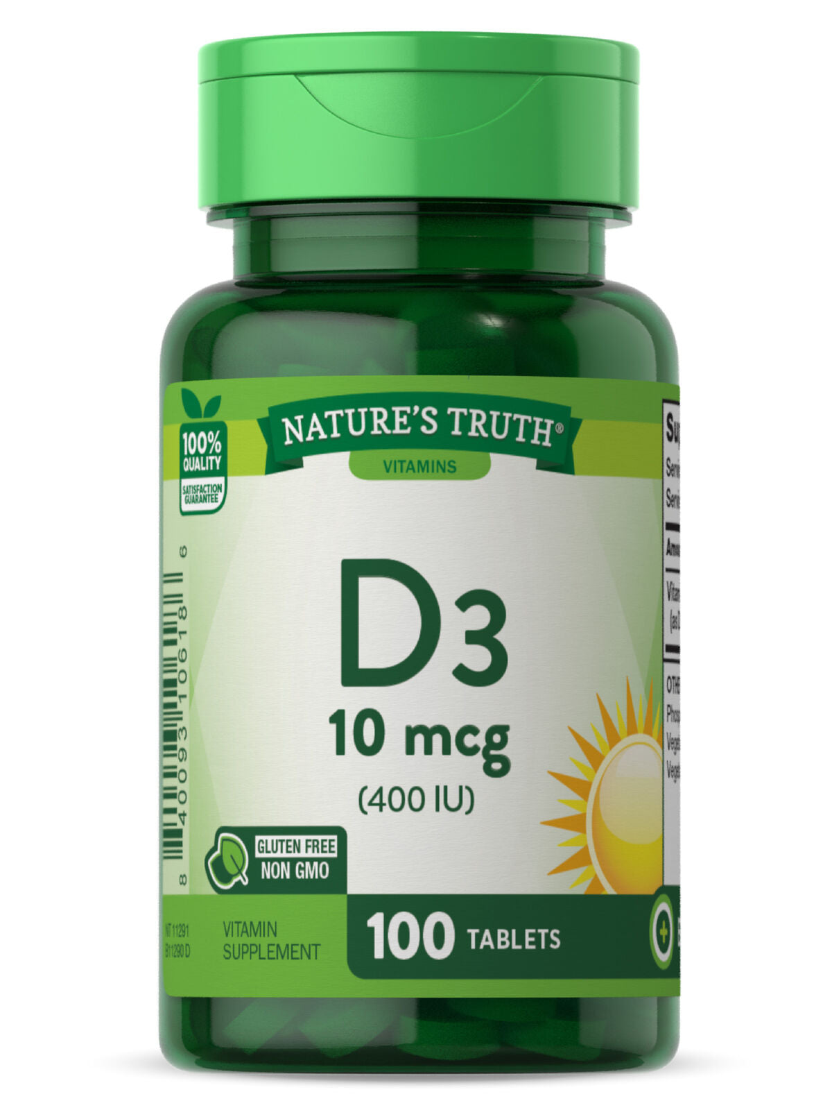 Nature's Truth Vitamin Supplement D3 400 IU Gluten Free Tablets 10 mcg 100 Count
