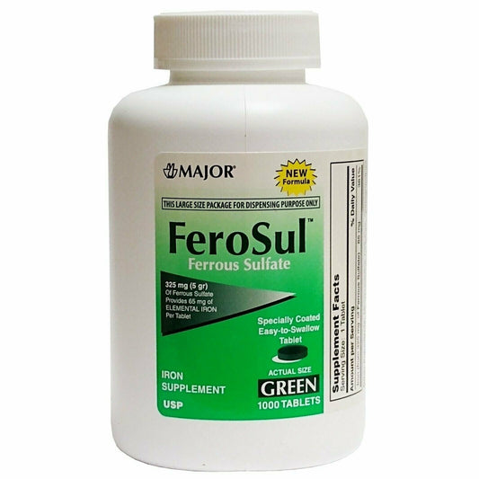 Major Ferosul Ferrous Sulfate 325mg Iron Vitamin Supplement Green Tablet 1000ct