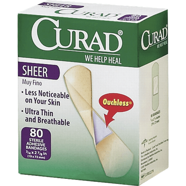 Curad Regular Size Sheer Adhesive Bandages Four Sided Seal Ultra Thin 80 Count